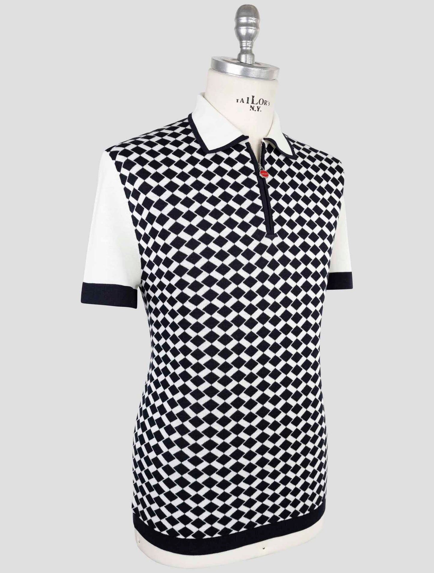 Kiton Blue White Silk Cotton Polo Half Zip