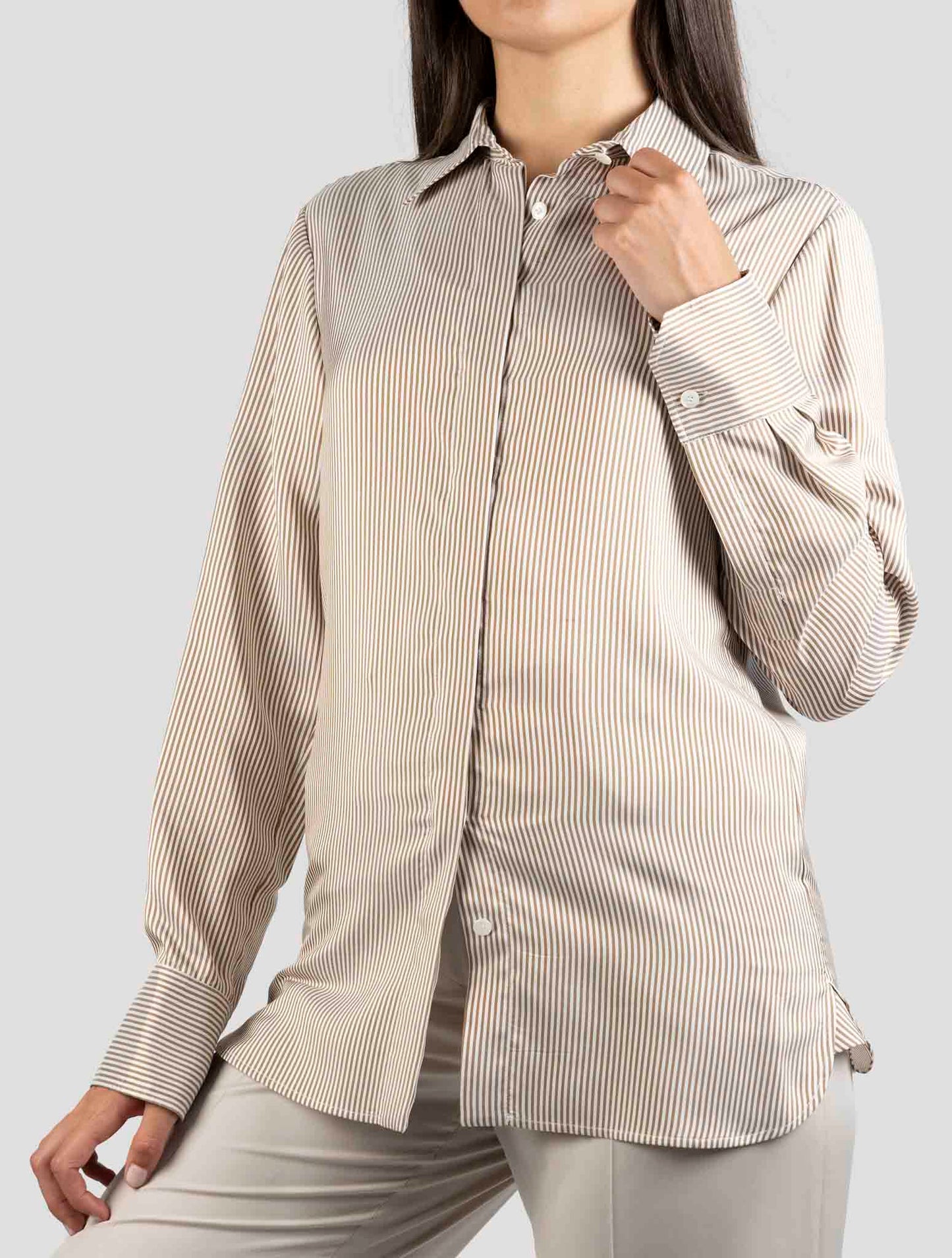 Kiton Beige White Silk Shirt
