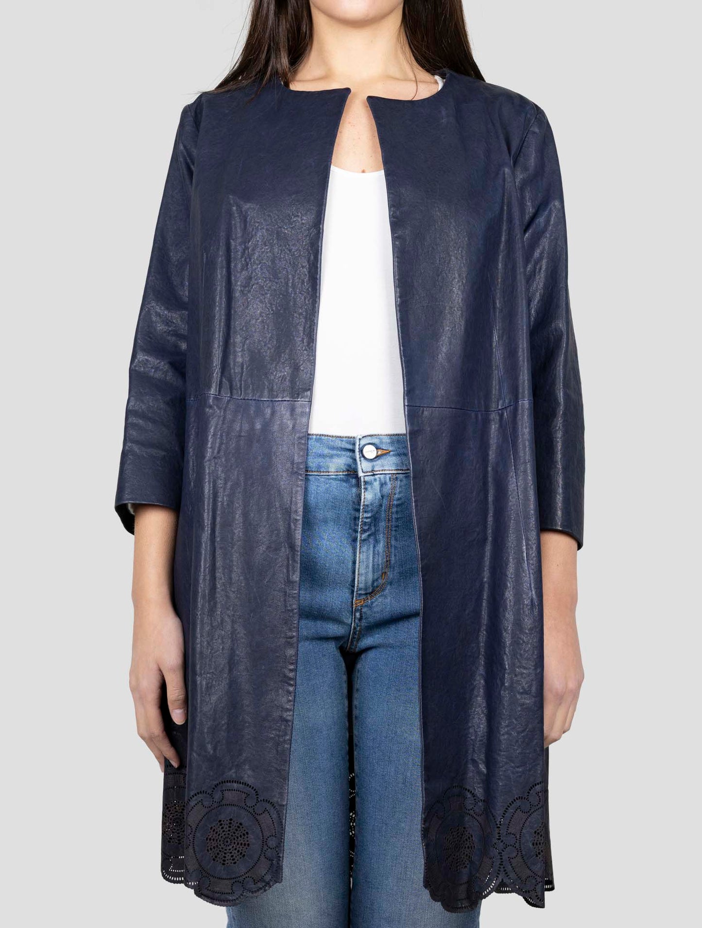 Kiton Blue Leather Overcoat