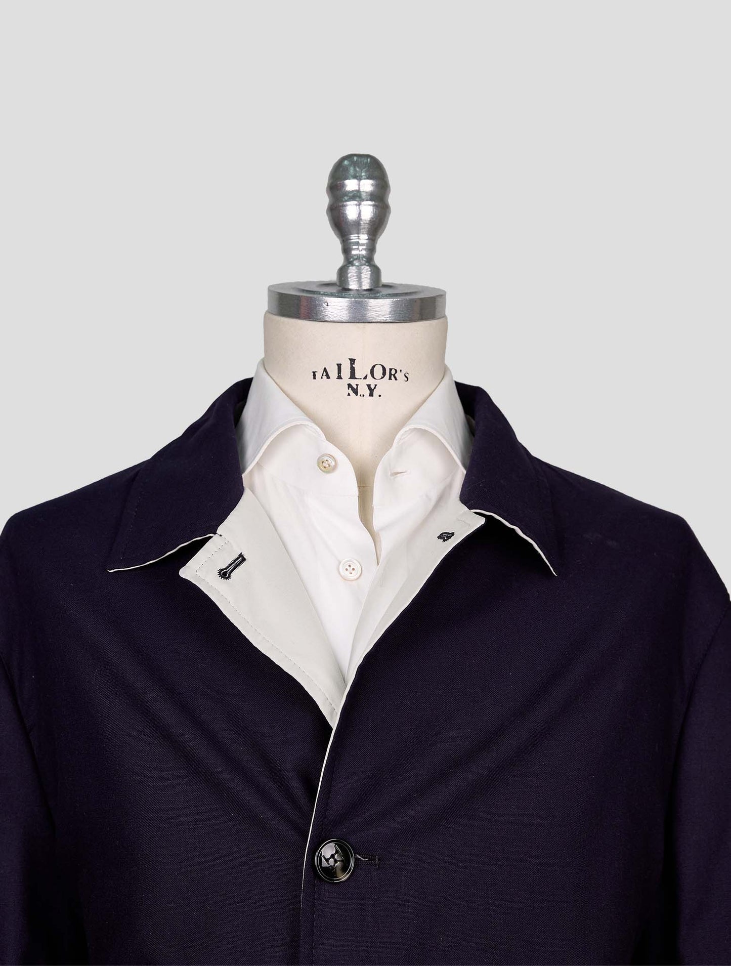 Kiton Beige Blue Silk Cashmere Reverse Overcoat