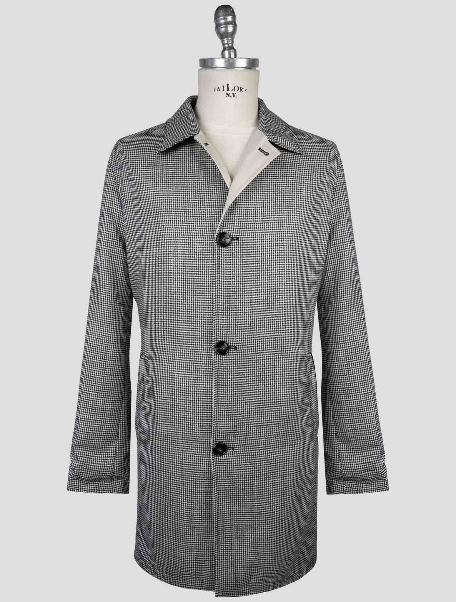 Kiton Black White Cashmere Virgin Wool Silk Linen Reverse Overcoat