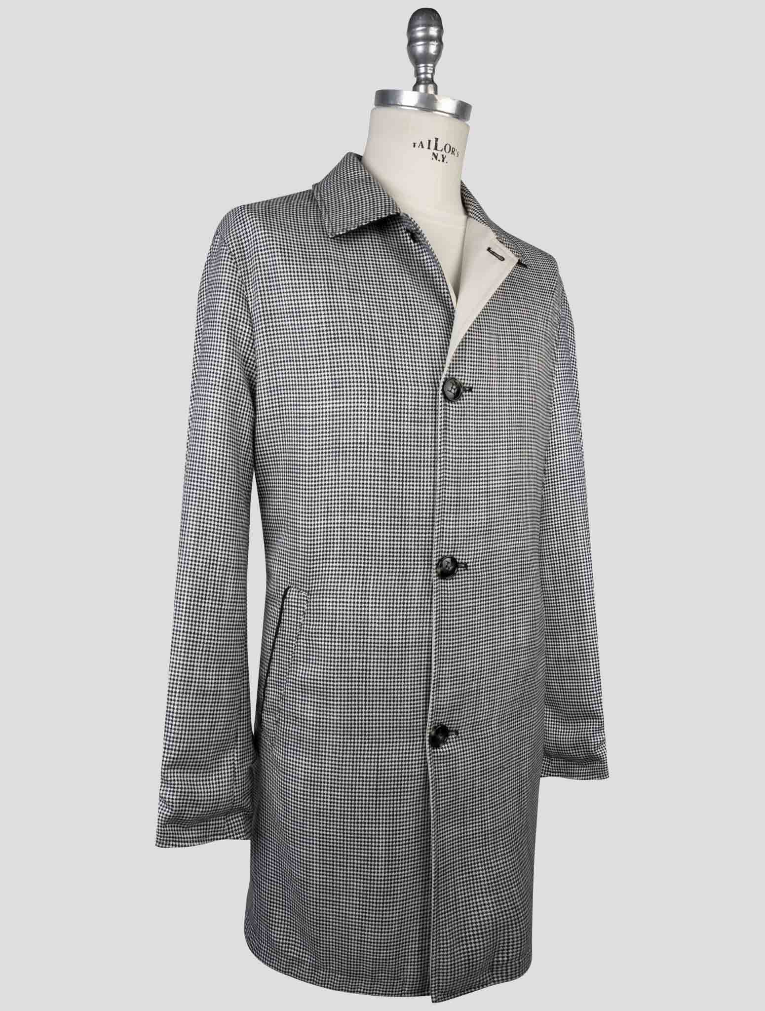 Kiton Black White Cashmere Virgin Wool Silk Linen Reverse Overcoat