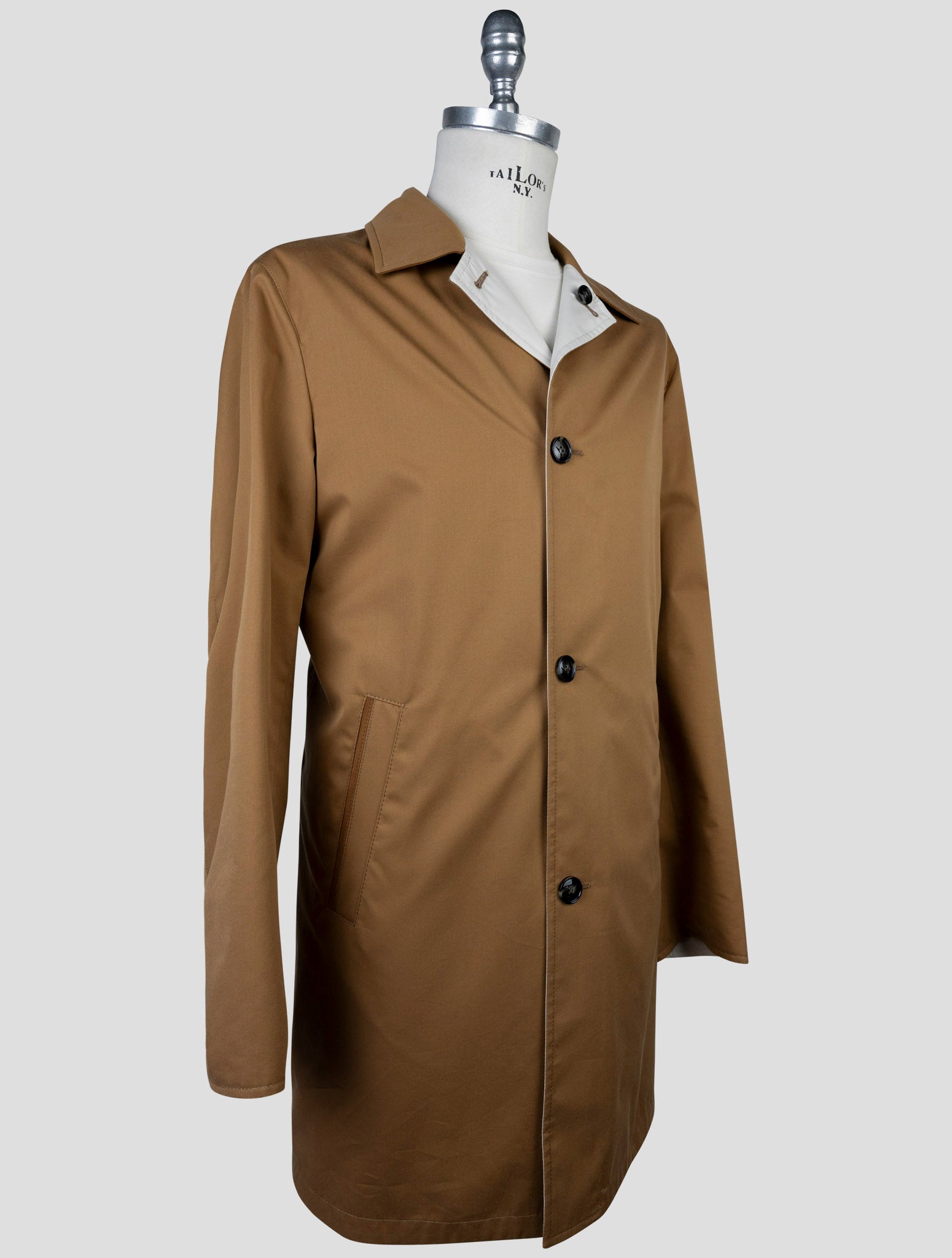 kiton Brown Beige Cotton Virgin Wool Reverse Overcoat