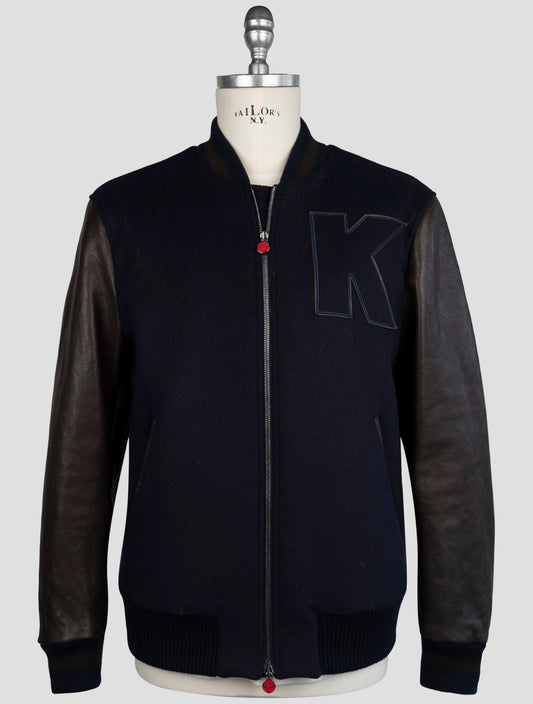 Kiton Brown Blue Leather Virgin Wool Pa Coat