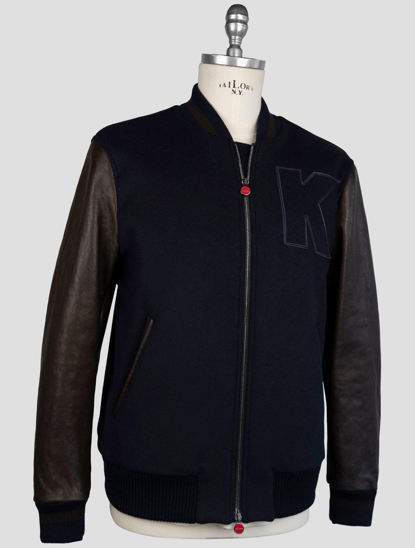 Kiton Brown Blue Leather Virgin Wool Pa Coat