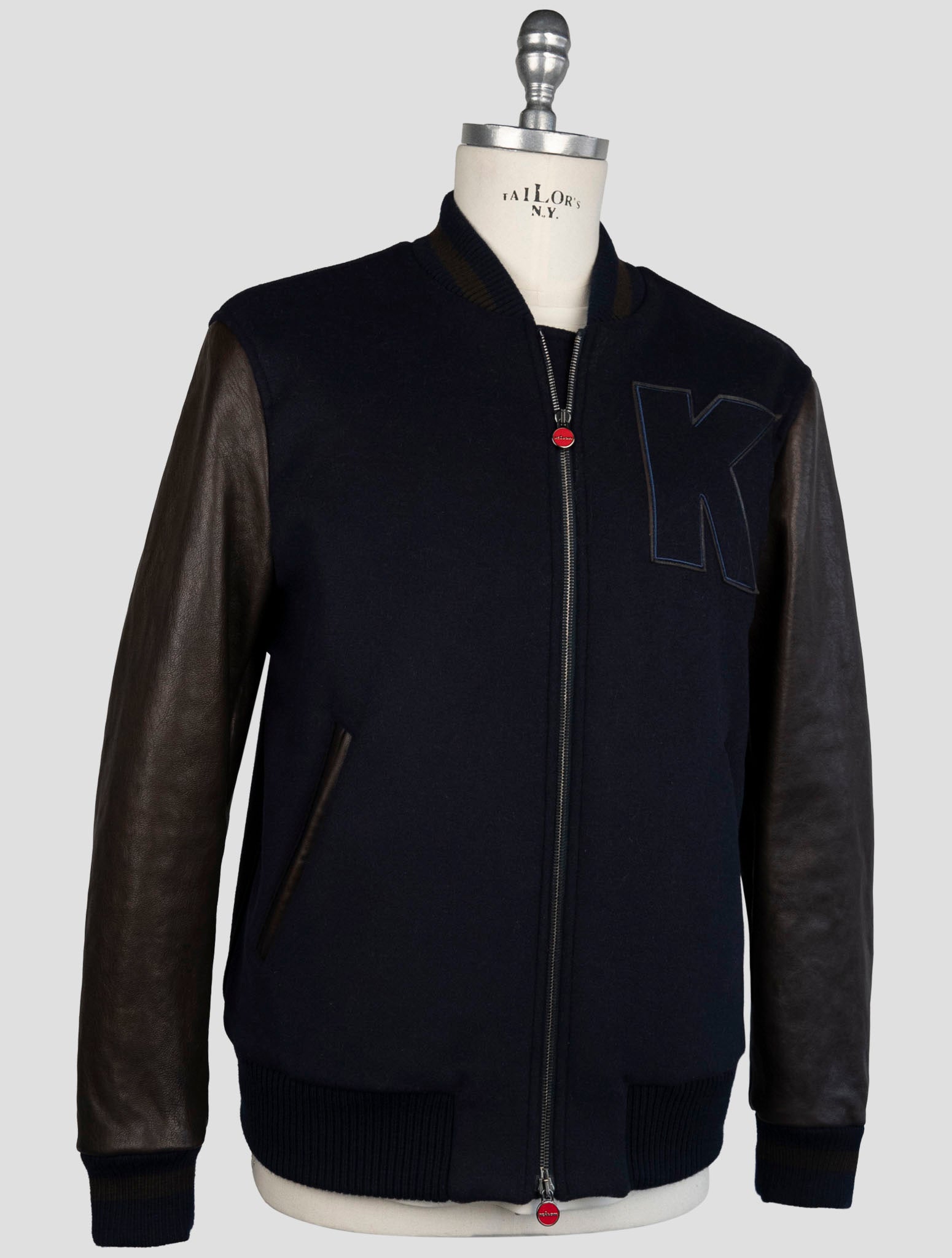 Kiton Brown Blue Leather Virgin Wool Pa Coat