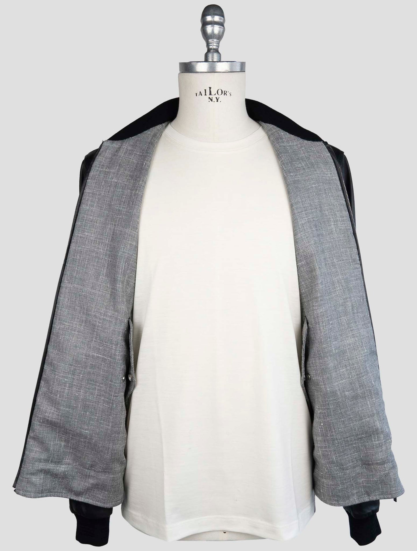 Kiton Black Gray Leather Cashmere Silk Virgin Wool Linen Pa Coat