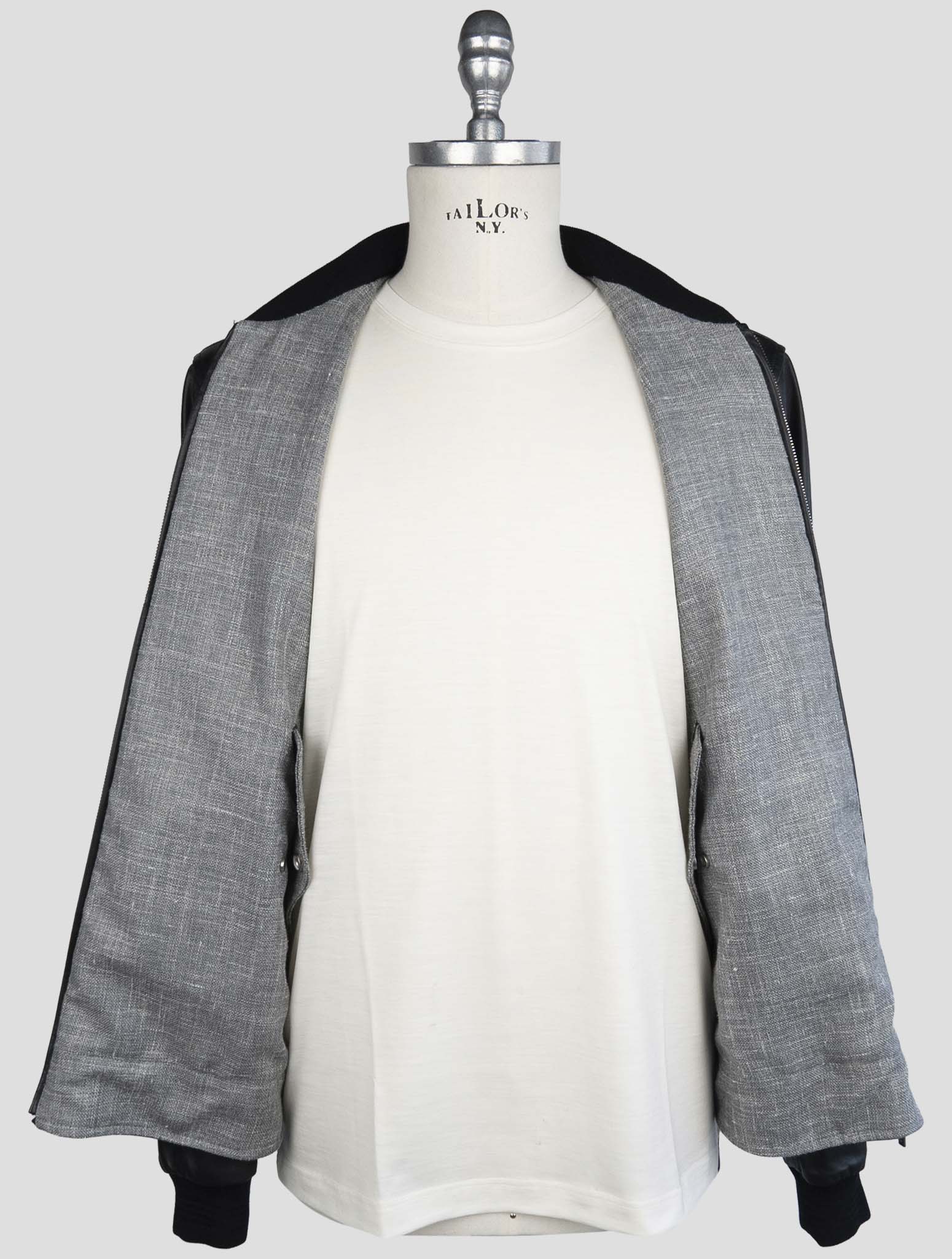 Kiton Black Gray Leather Cashmere Silk Virgin Wool Linen Pa Coat