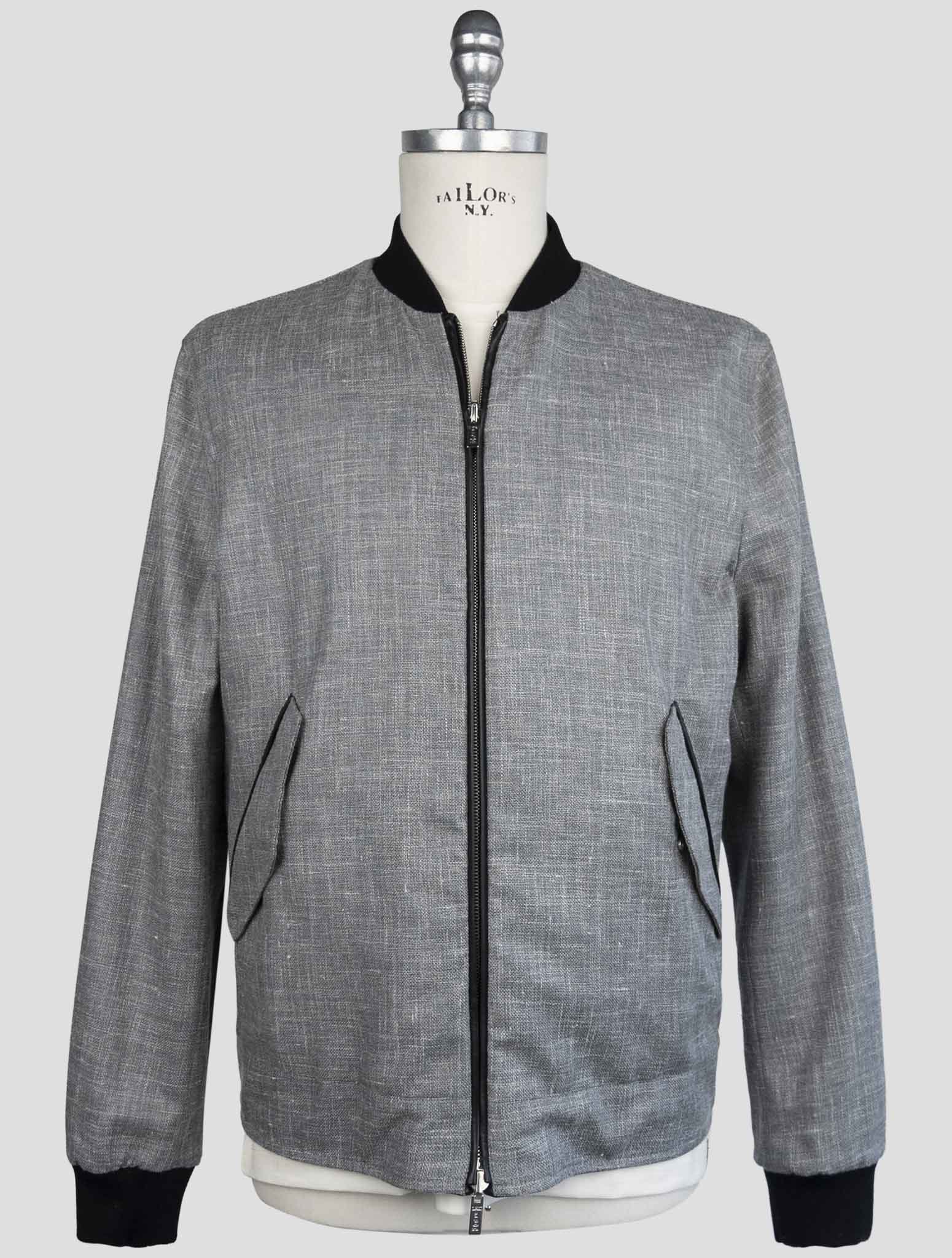 Kiton Black Gray Leather Cashmere Silk Virgin Wool Linen Pa Coat