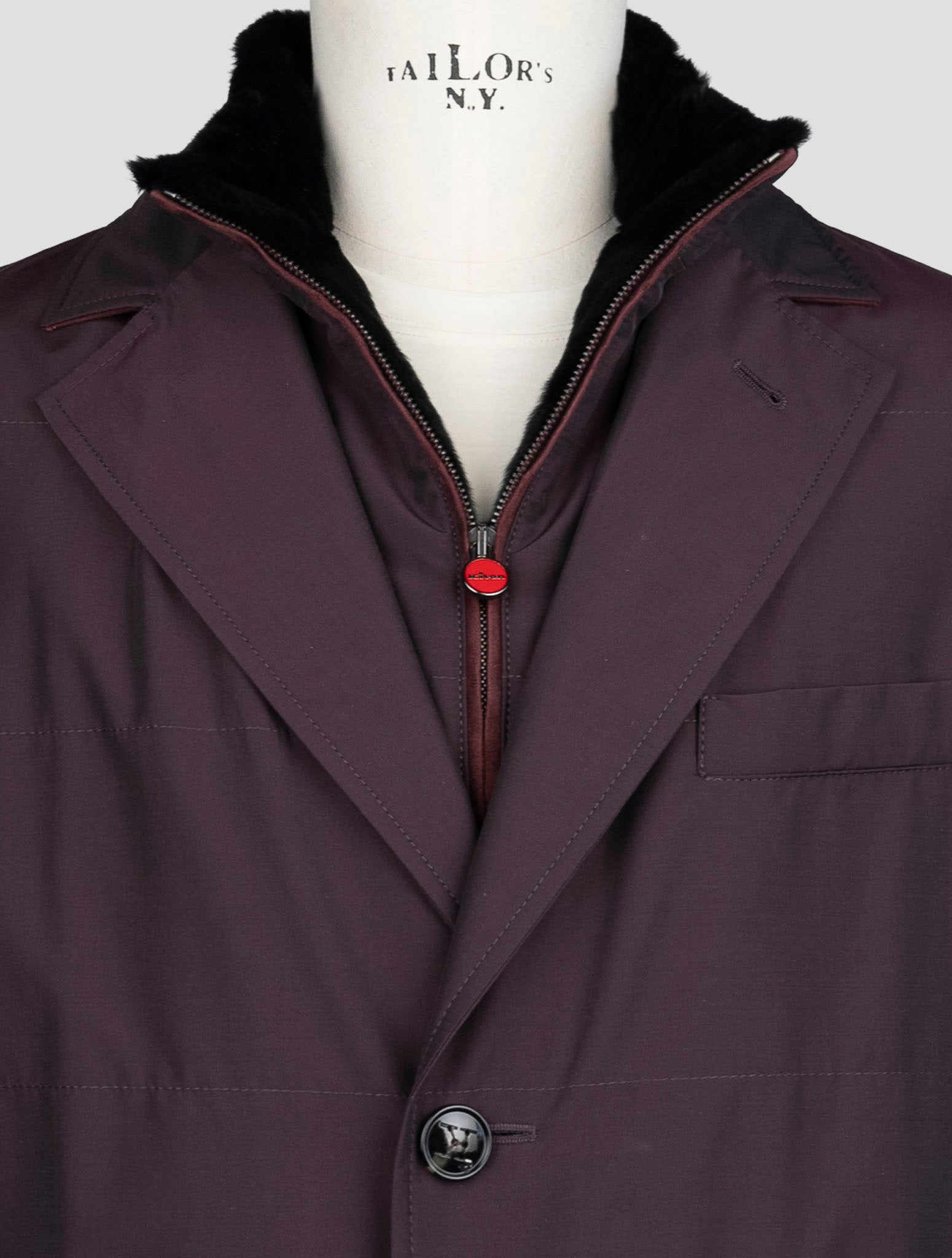 Kiton Burgundy Fleece Wool Pa Weasel Fur Overcoat