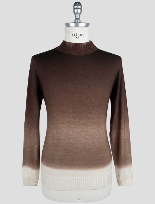 Kiton White Brown Cashmere Silk Sweater Crewneck