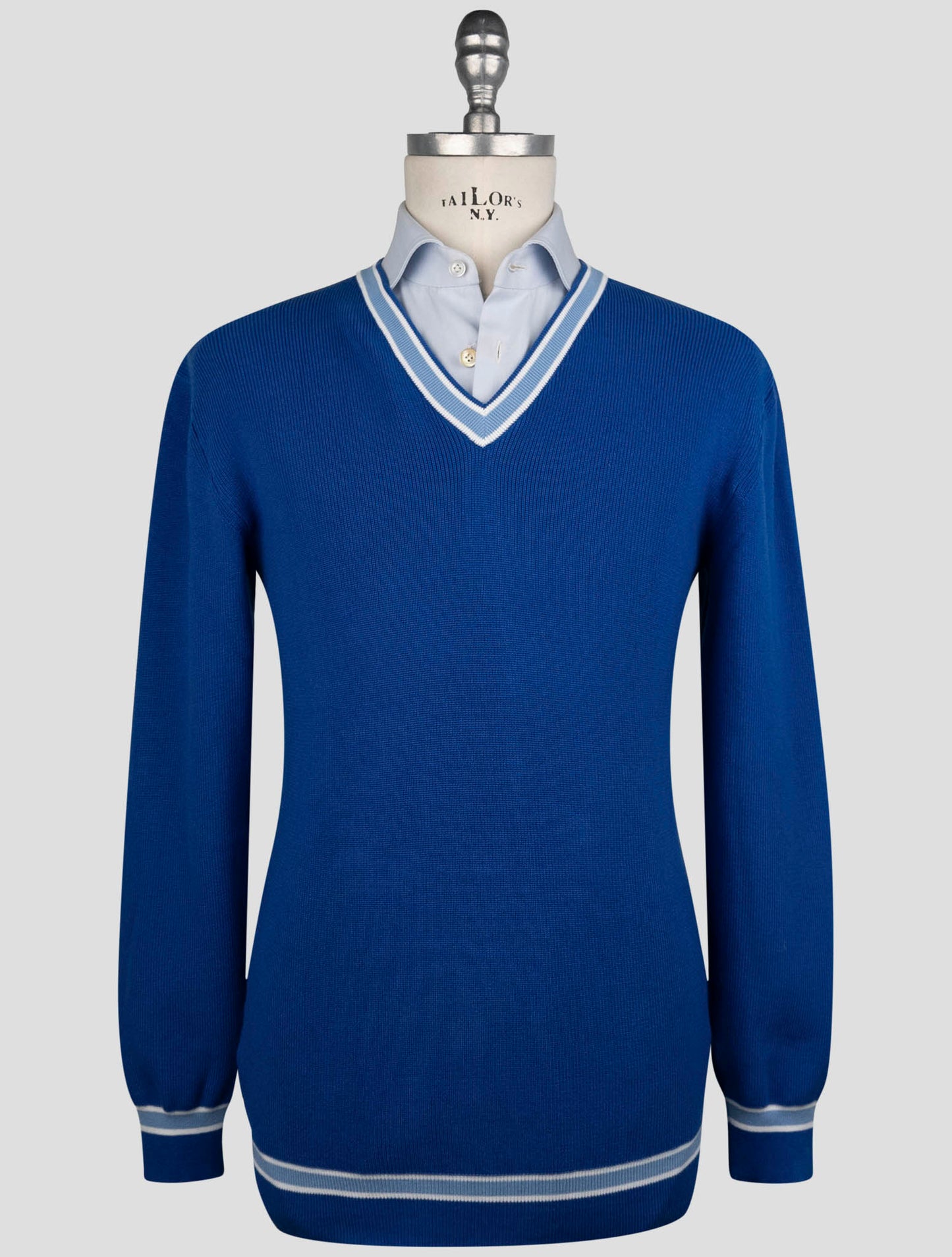 Kiton Blue Cotton Sweater V-Neck