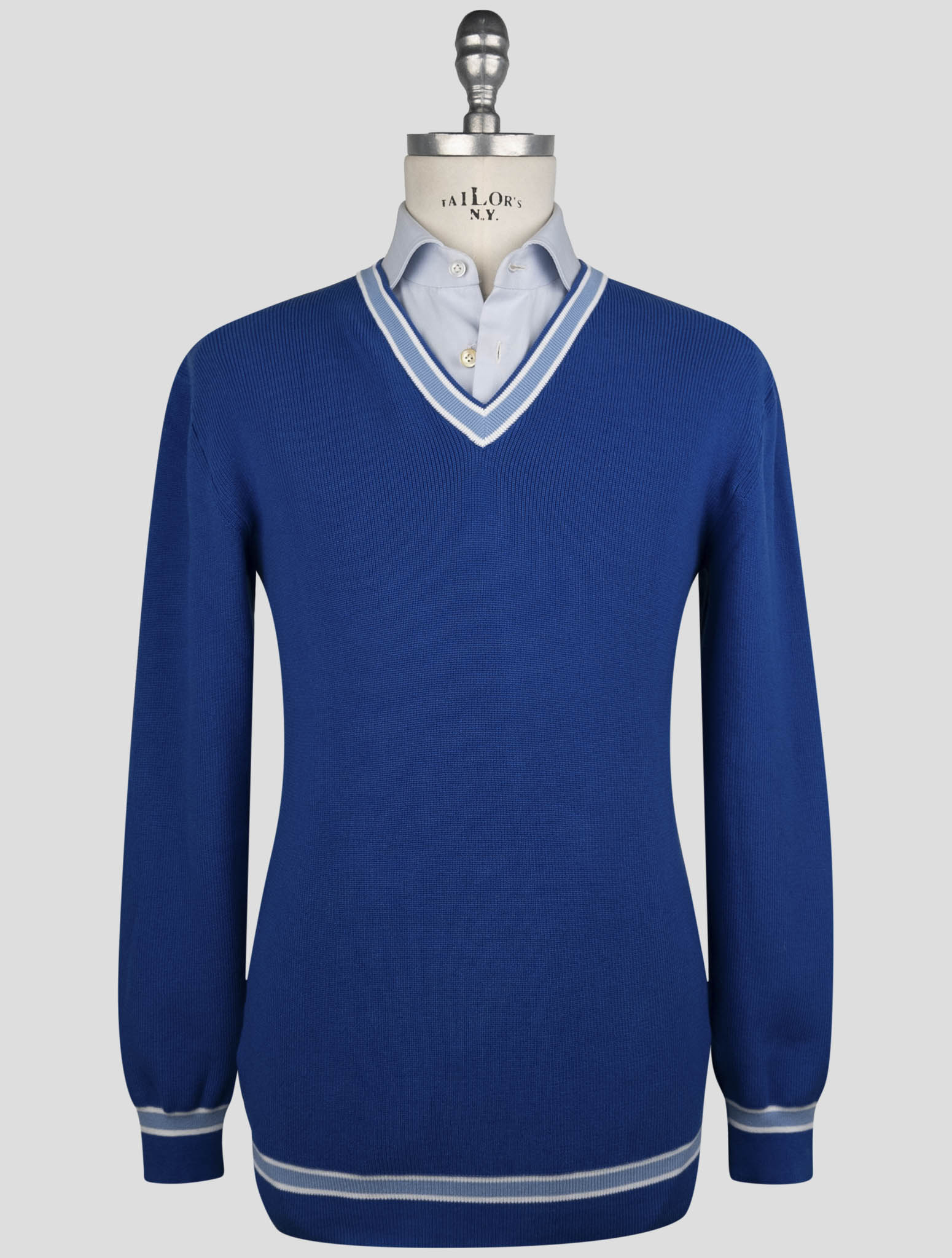 Kiton Blue Cotton Sweater V-Neck