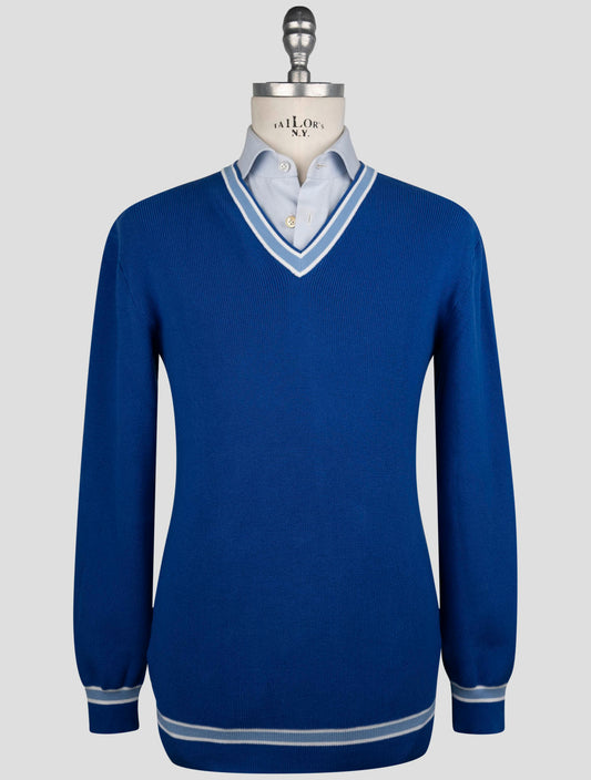 Kiton Blue Cotton Sweater V-Neck