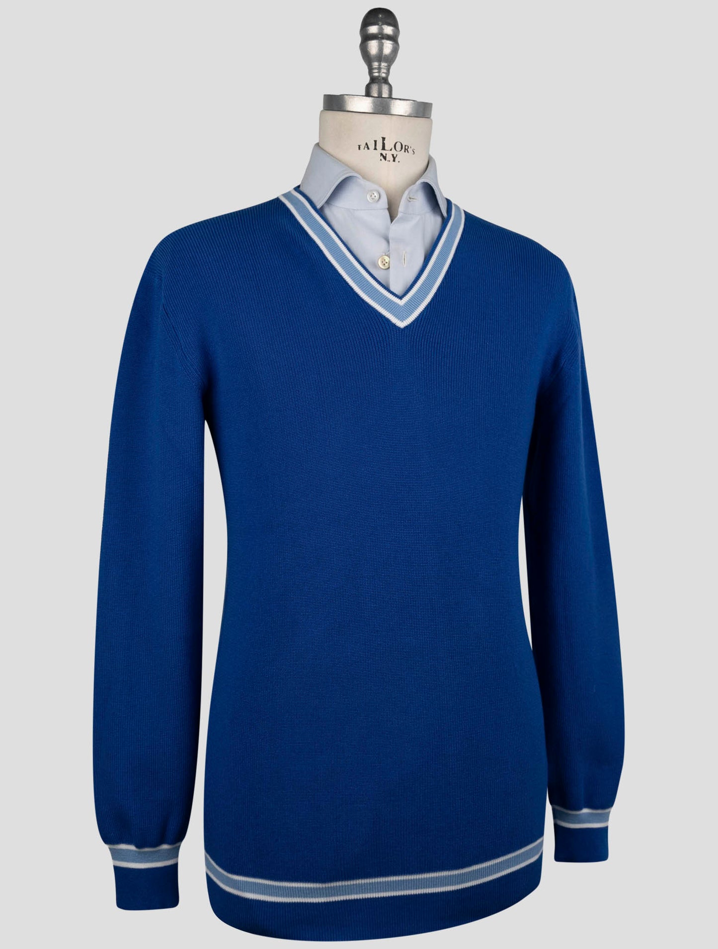 Kiton Blue Cotton Sweater V-Neck