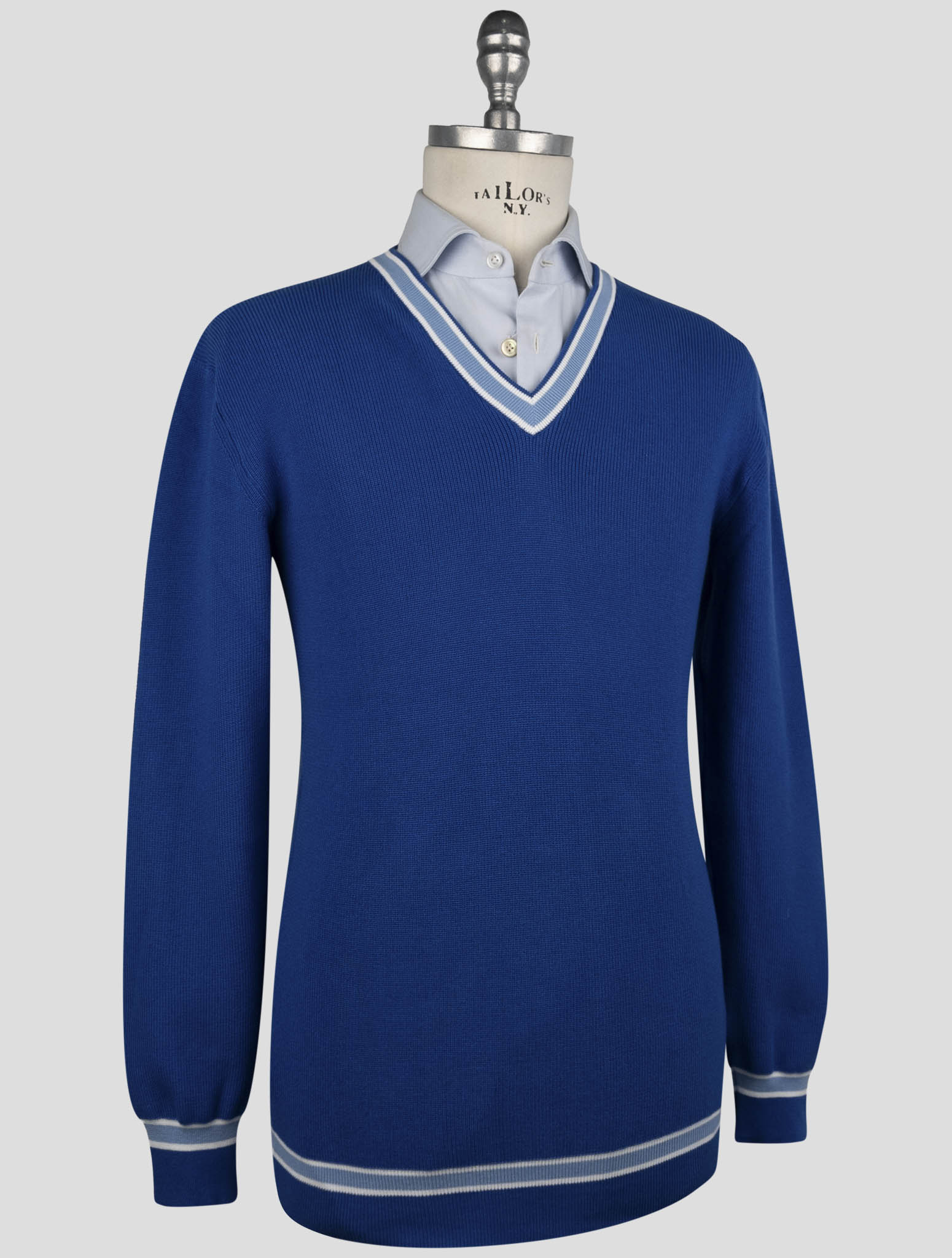 Kiton Blue Cotton Sweater V-Neck