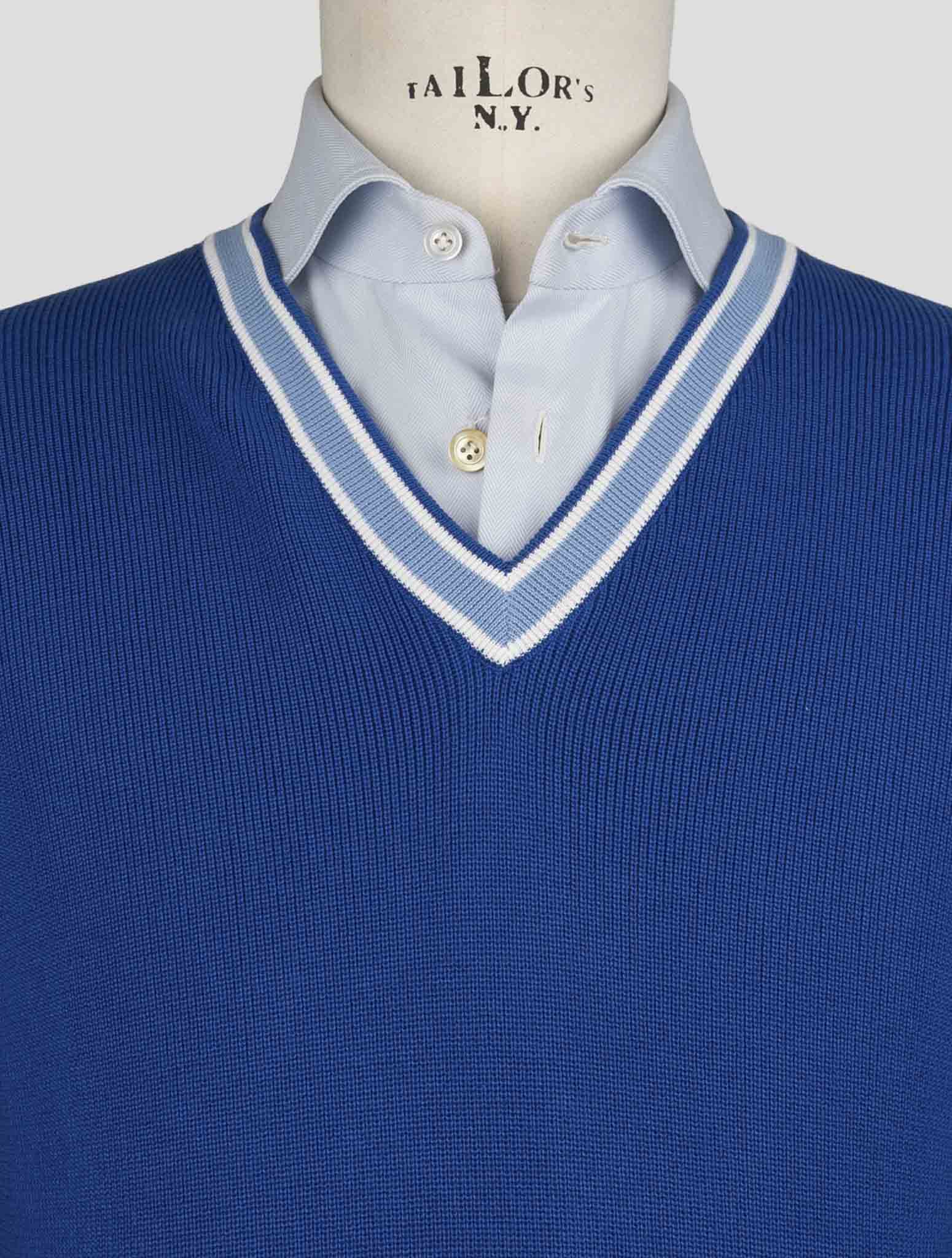 Kiton Blue Cotton Sweater V-Neck