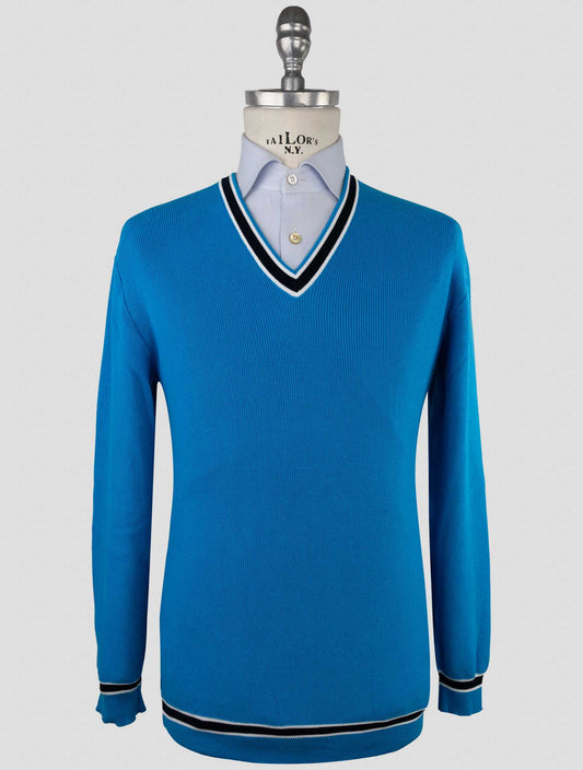 Kiton Light Blue Cotton Sweater V-Neck