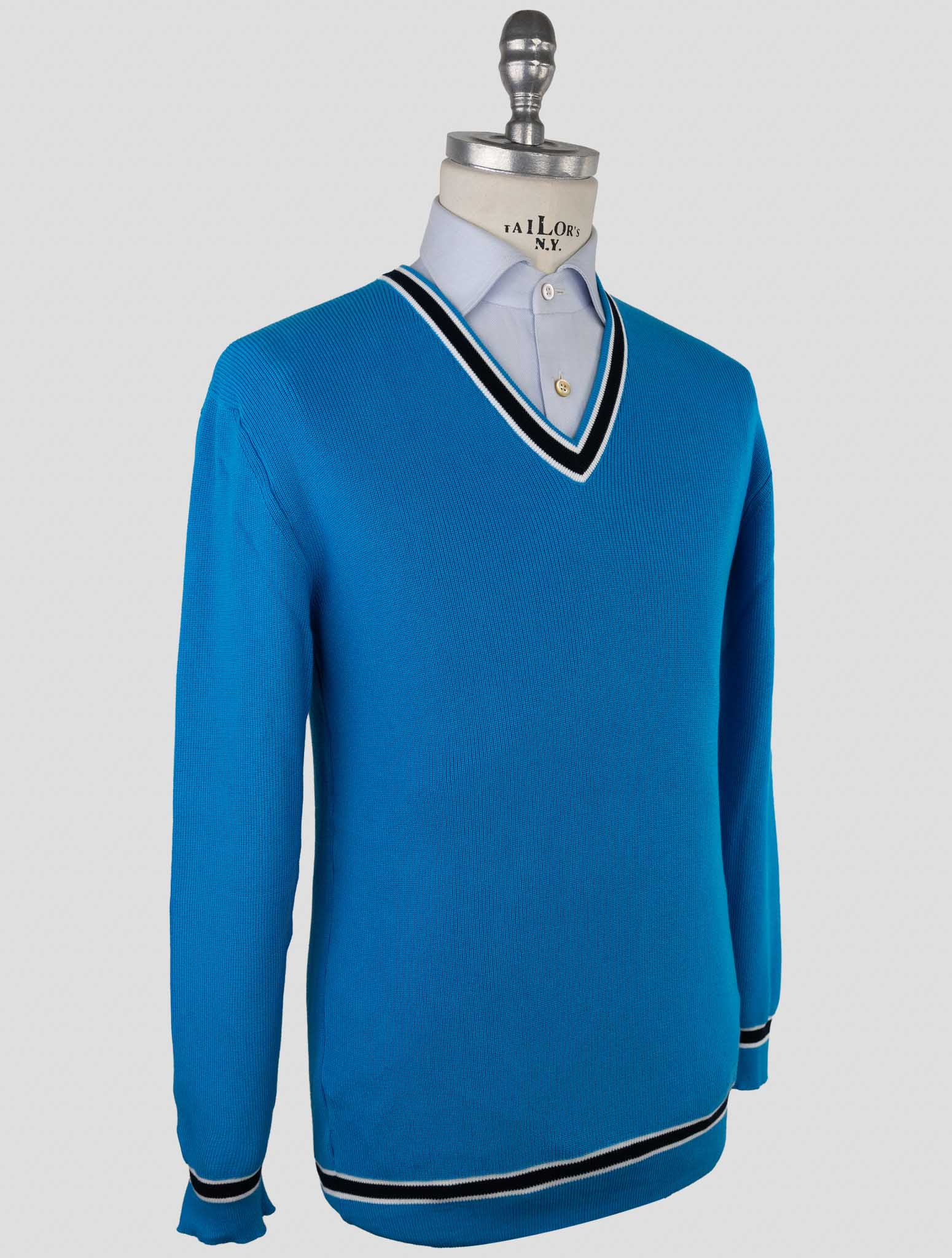 Kiton Light Blue Cotton Sweater V-Neck