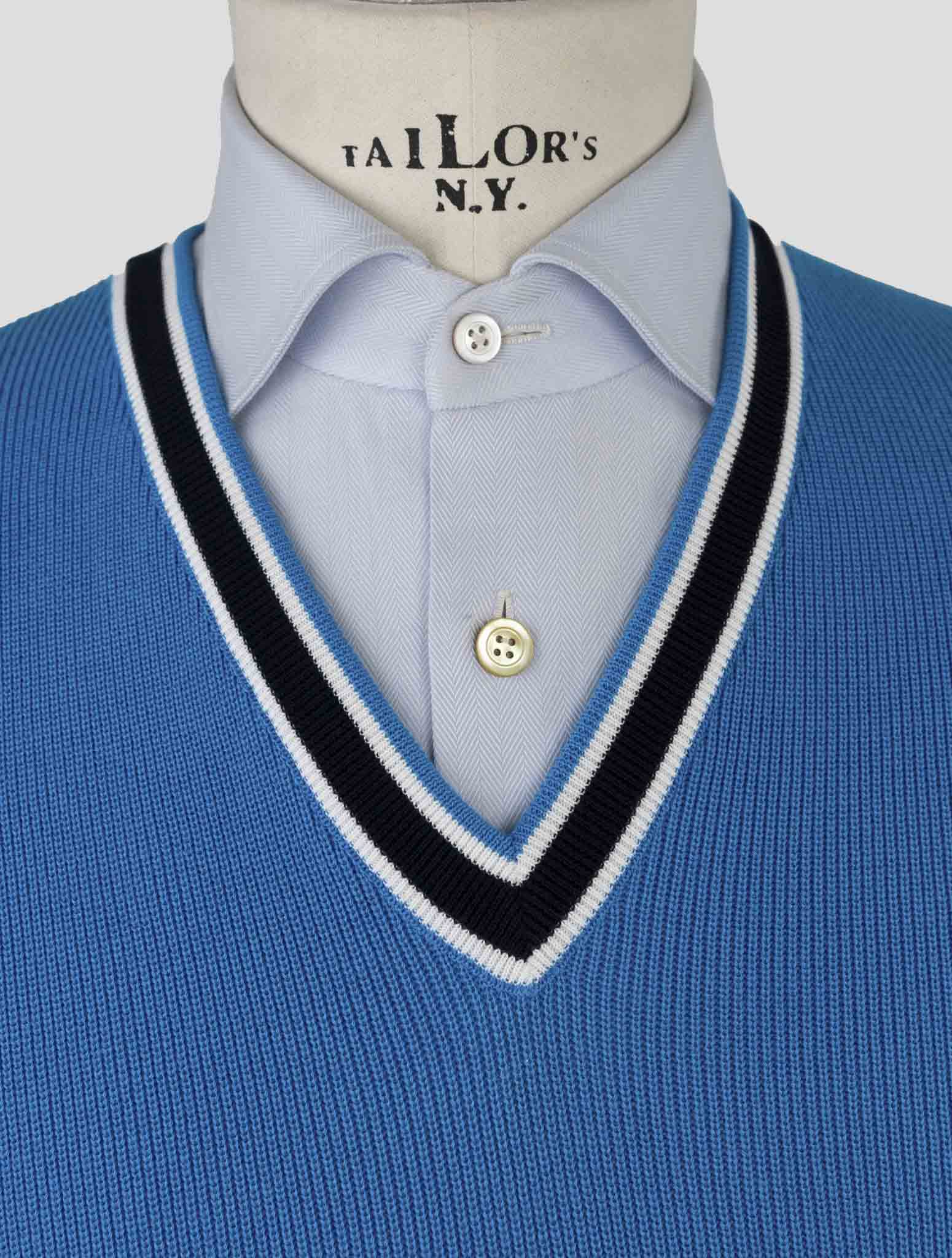 Kiton Light Blue Cotton Sweater V-Neck