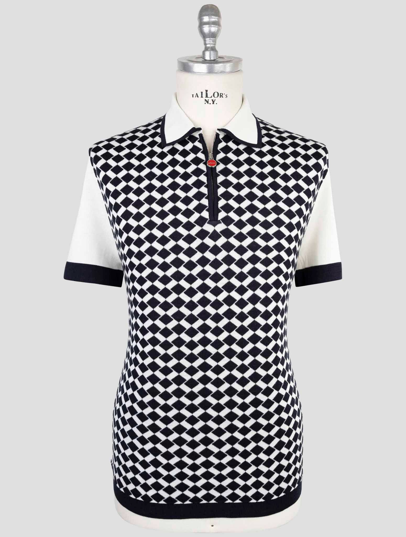 Kiton Blue White Silk Cotton Polo Half Zip