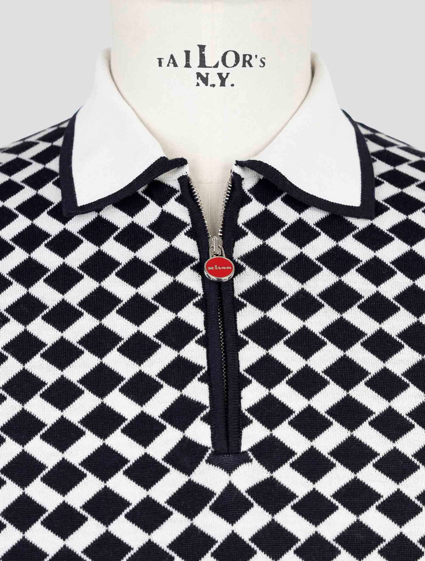 Kiton Blue White Silk Cotton Polo Half Zip