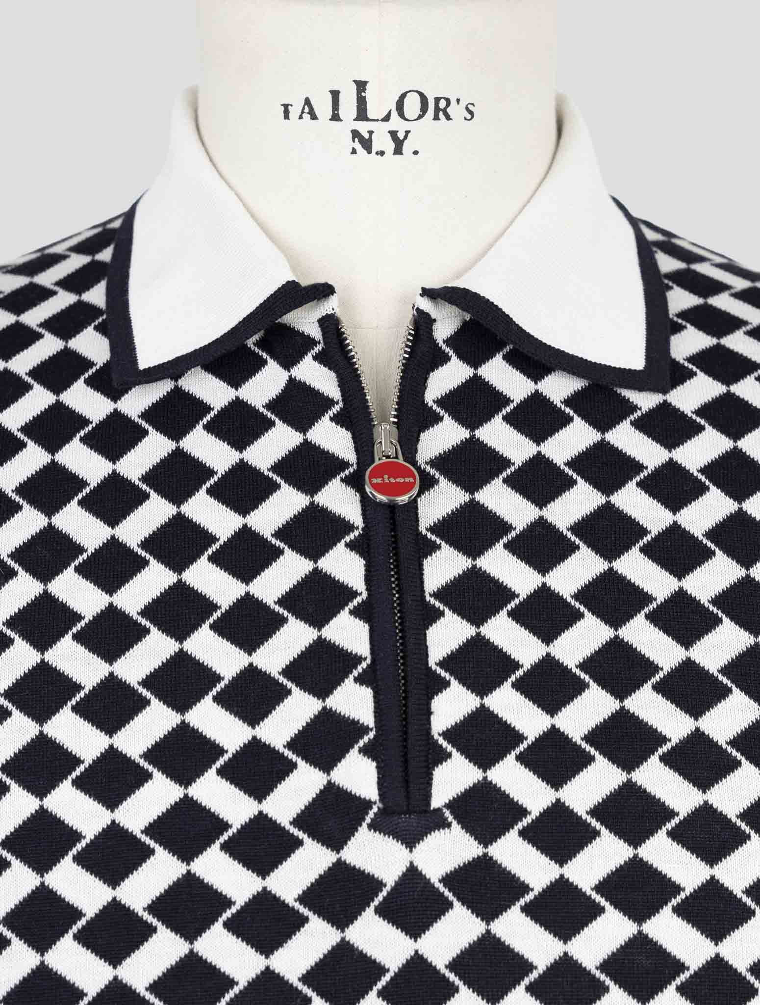 Kiton Blue White Silk Cotton Polo Half Zip