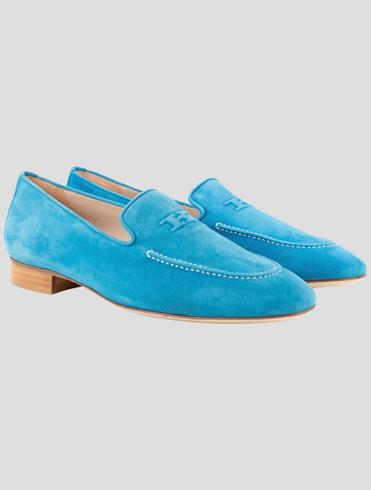 Kiton Light Blue Leather Suede Loafers