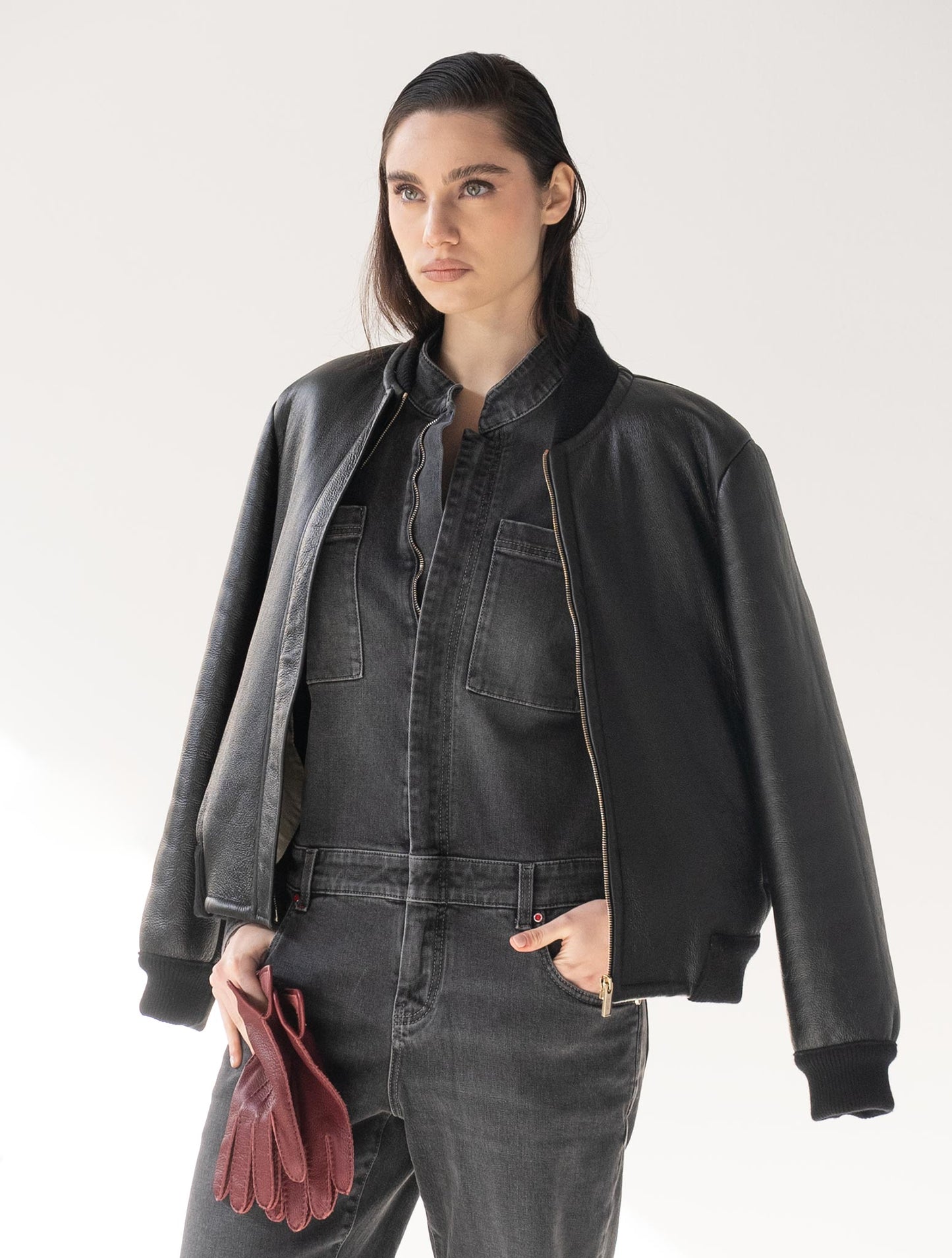 Kiton Black Leather Shearling Coat