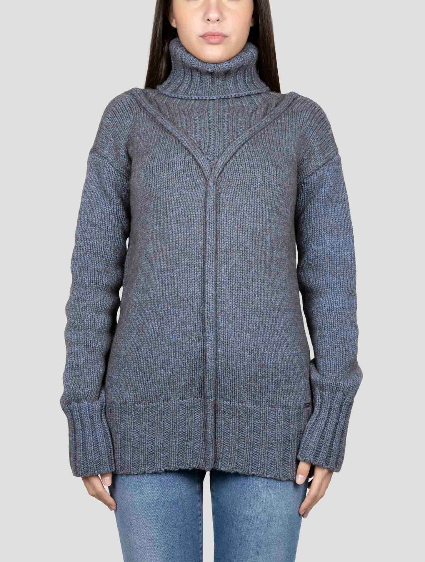 Kiton Blue Brown Cotton Yak Wool Sweater Turtleneck