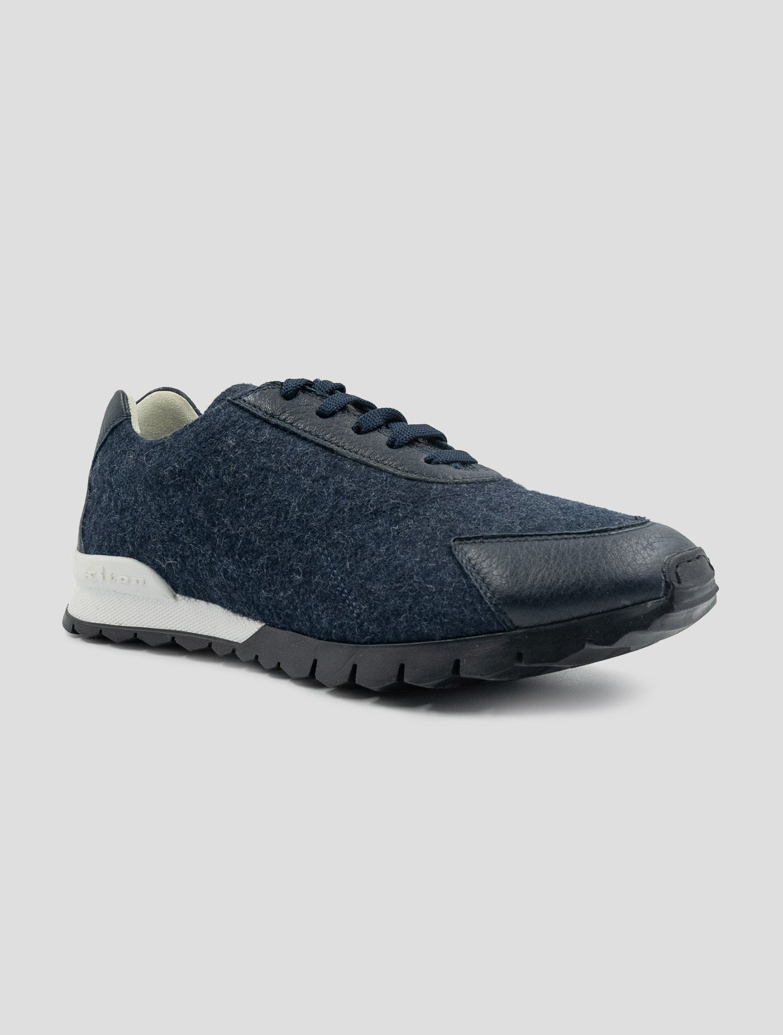 Kiton Blue Virgin Wool Pa Leather Sneakers