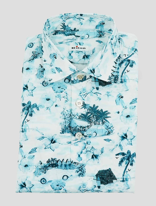 Kiton Blue White Cotton Polo Shirt