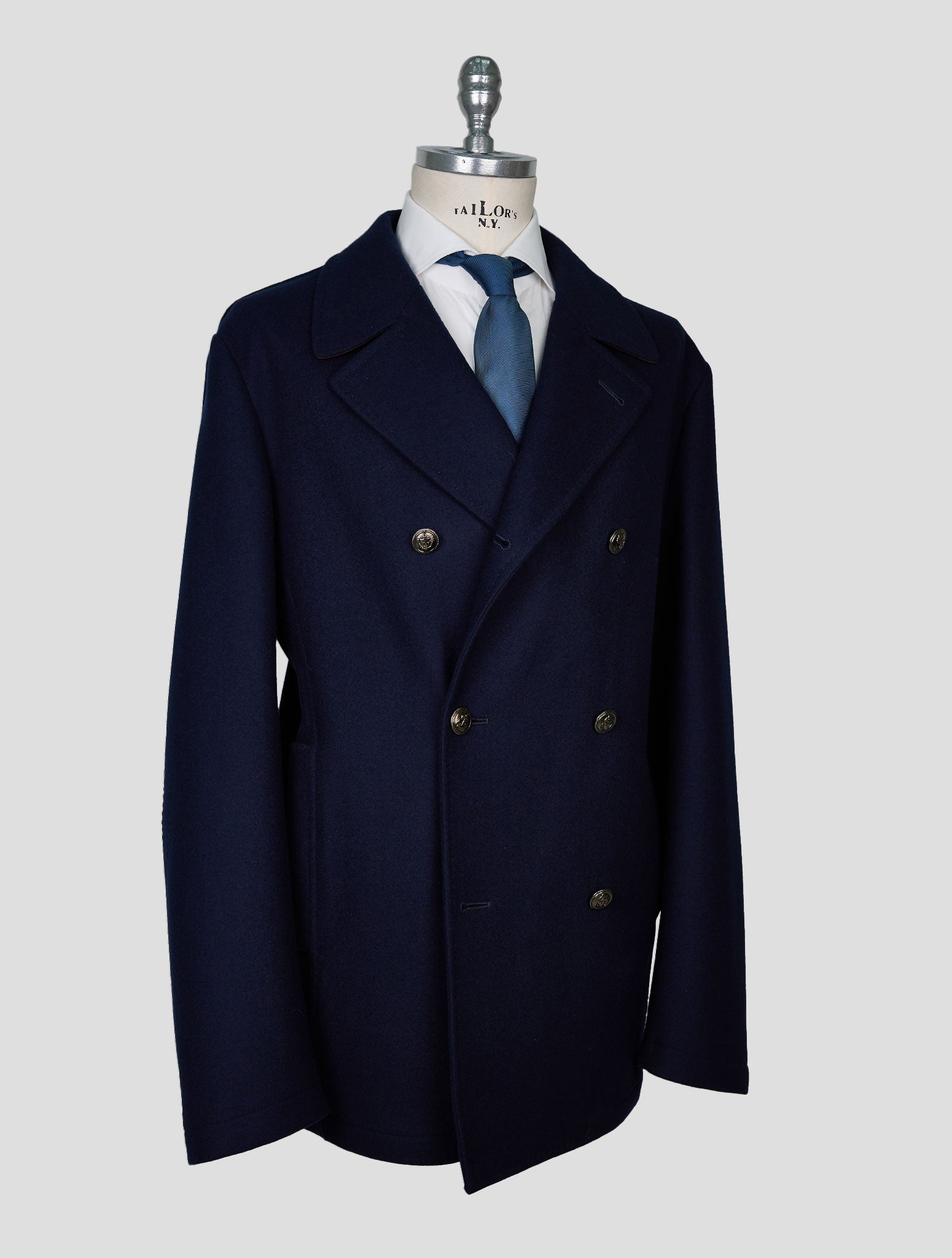 Kiton Blue Wool Double Breasted Coat