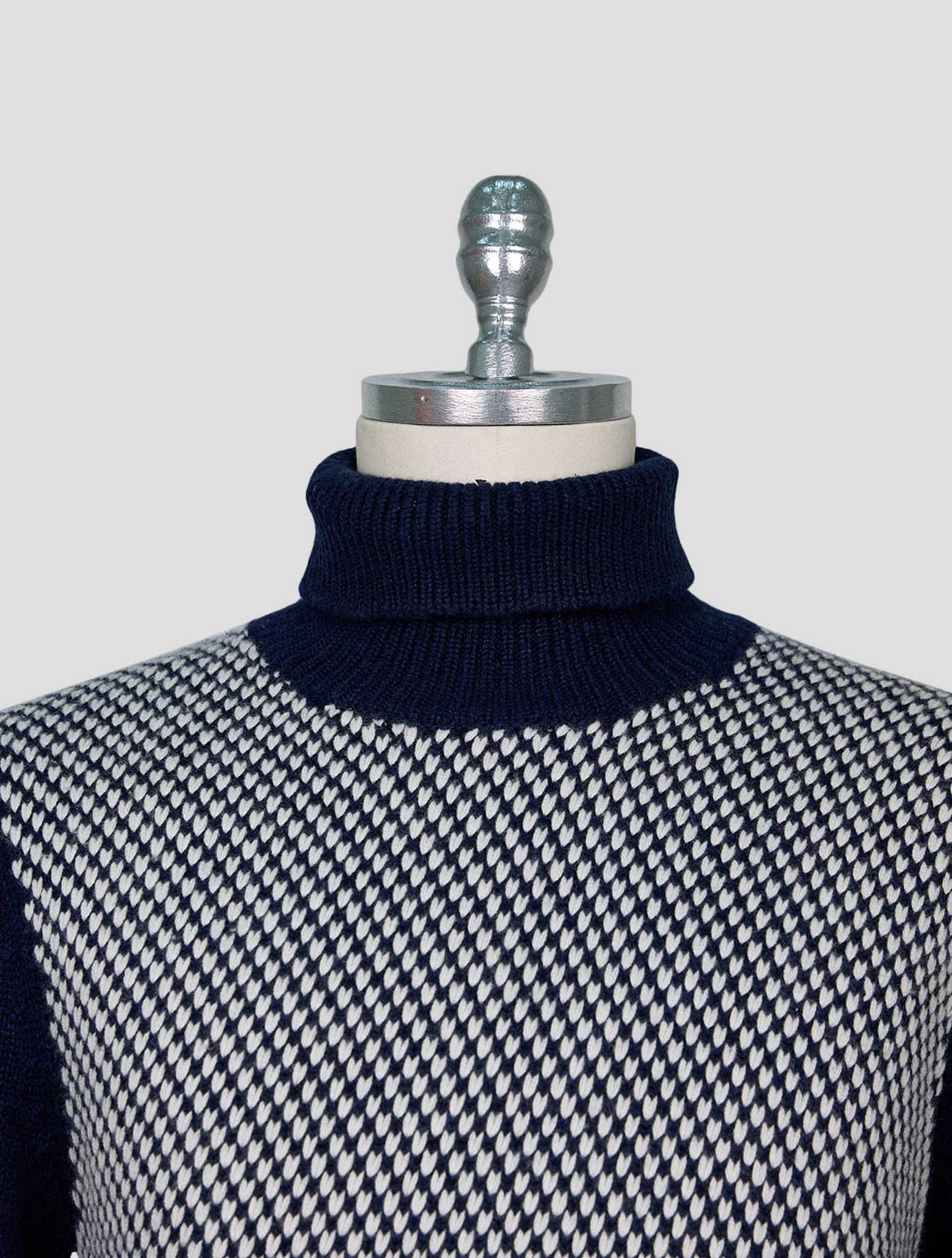 Kiton Blue White Cashmere Sweater Turtleneck