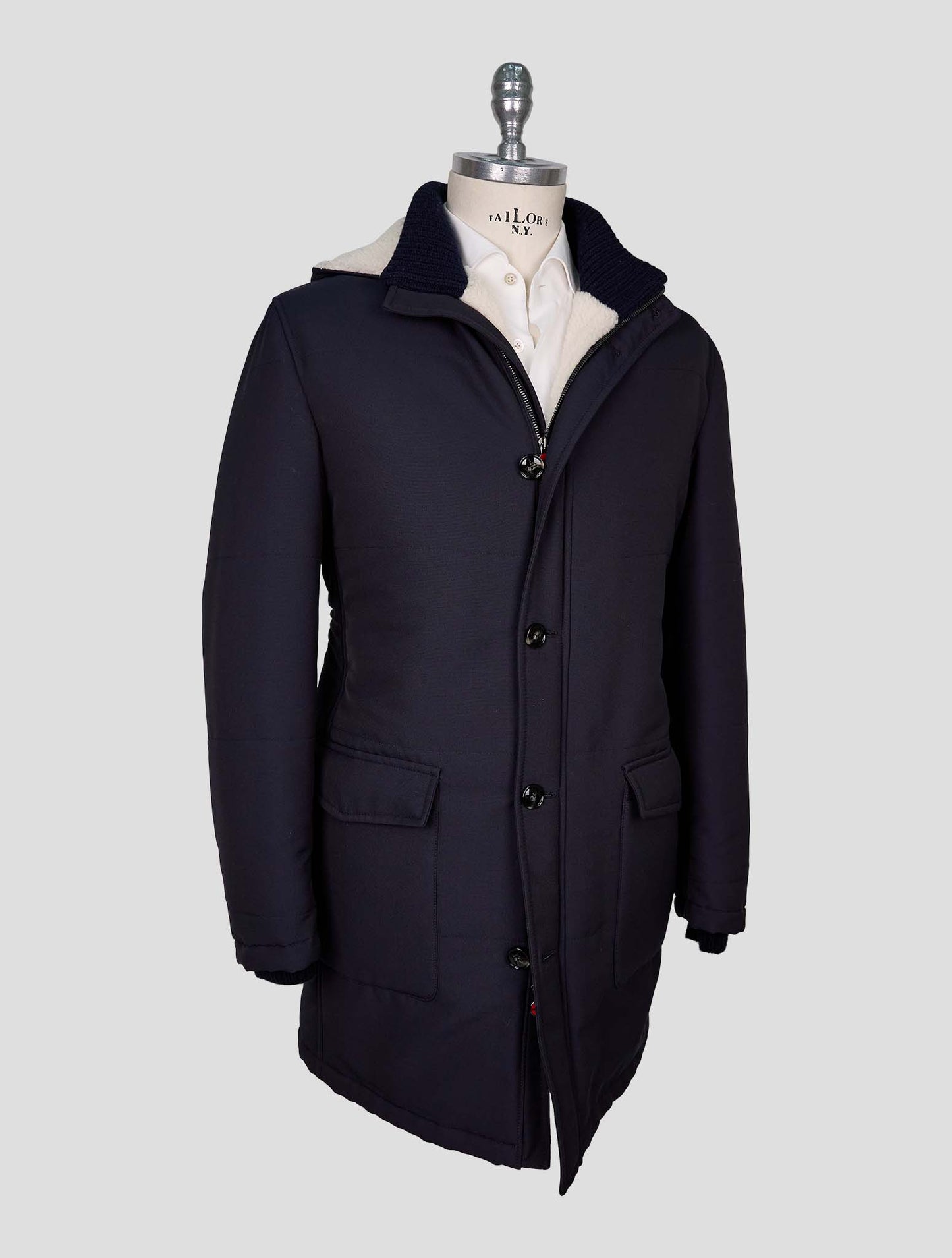Kiton Blue Wool Pa With Fur Overcoat