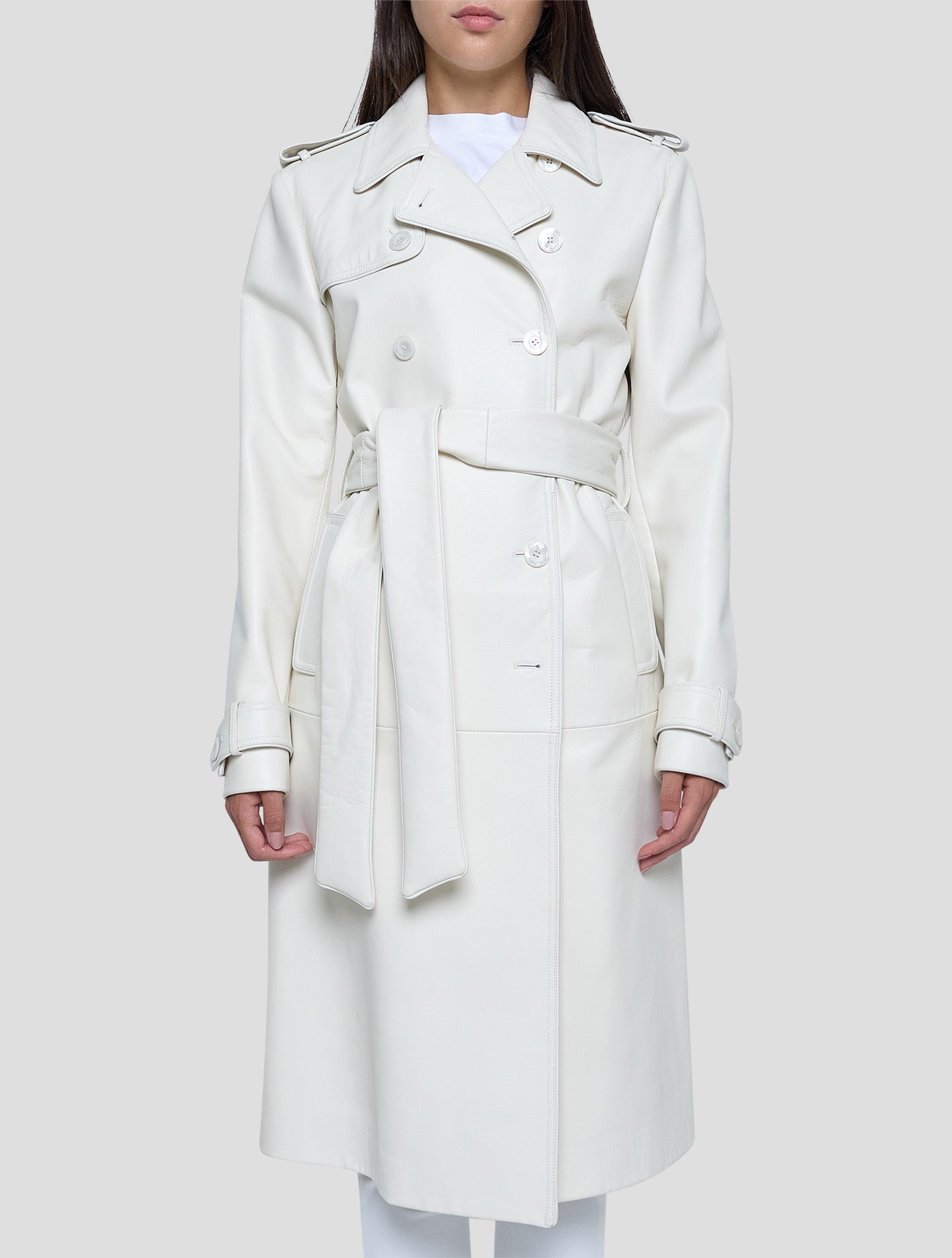 Kiton White Leather Overcoat Women