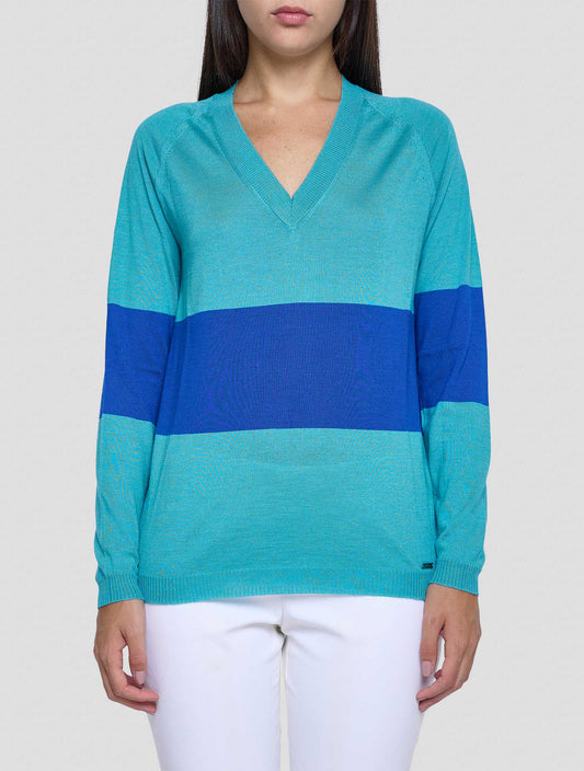 Kiton Green Blue Cashmere Wool Silk Sweater V-Neck Women