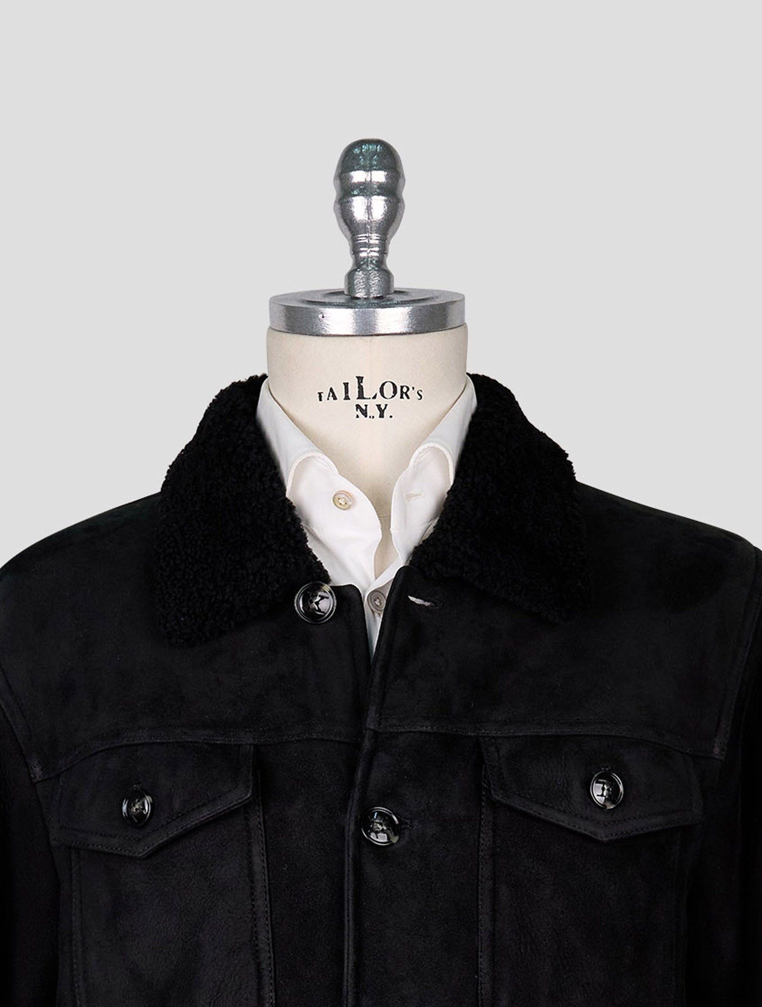 Kiton Black Leather Shearling Coat