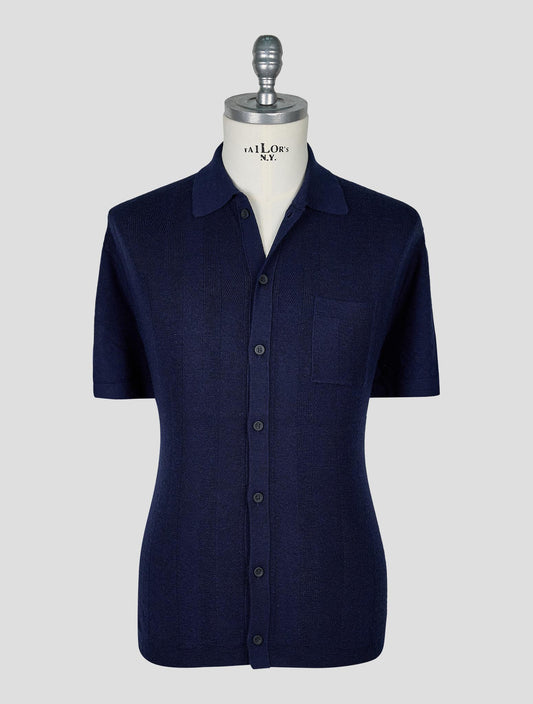 Kiton Dark Blue Virgin Wool Silk Short Sleeve Shirt