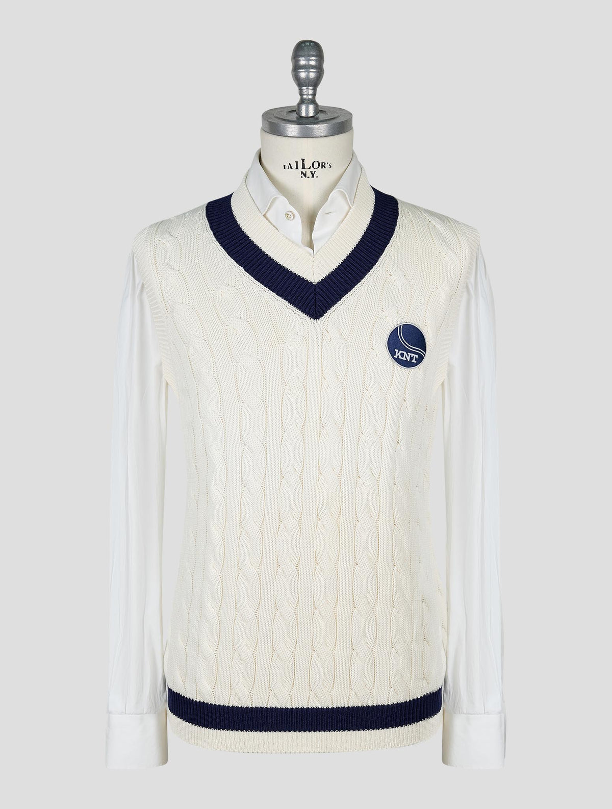 Kiton Knt White Blue Cotton Sweater V-Neck