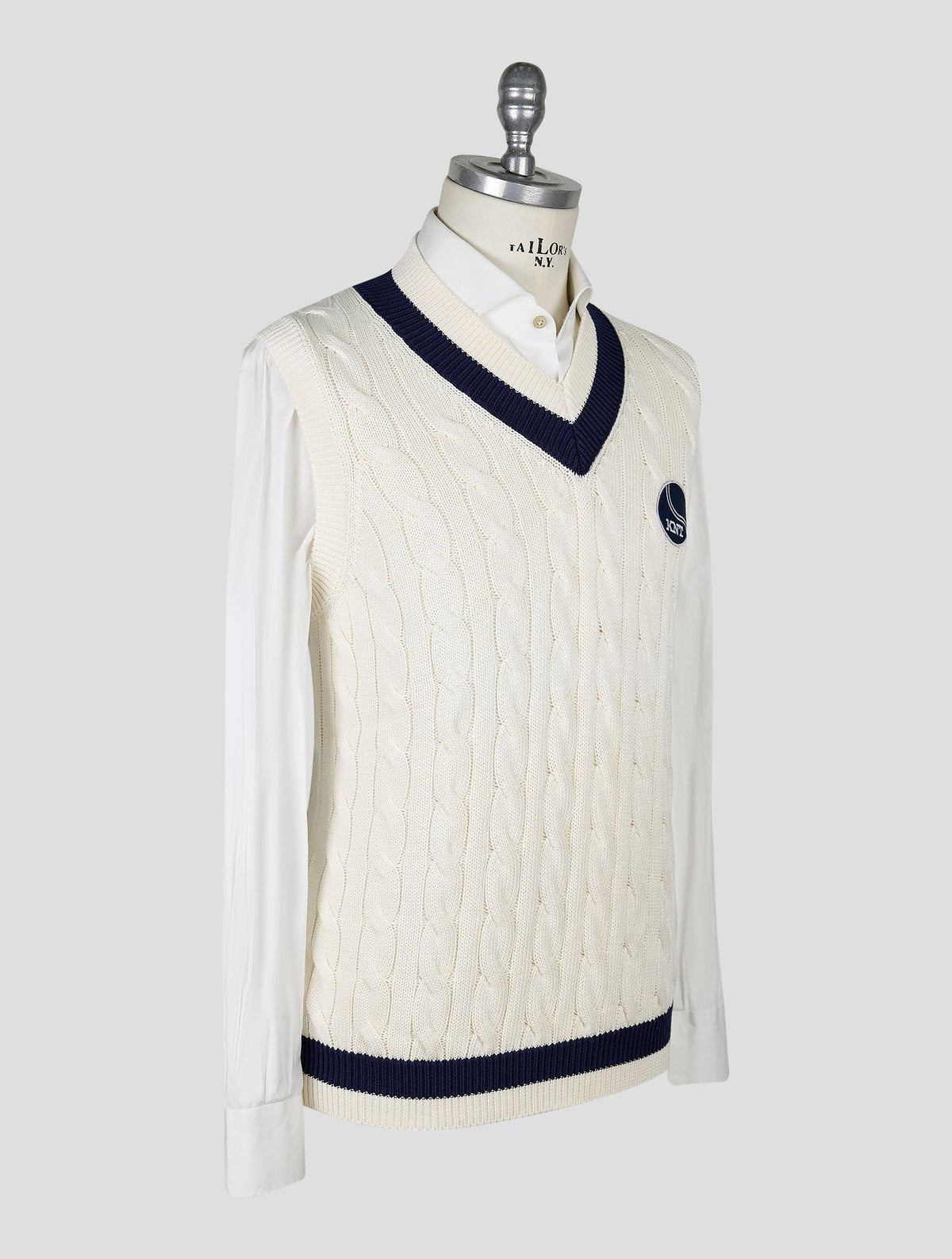 Kiton Knt White Blue Cotton Sweater V-Neck